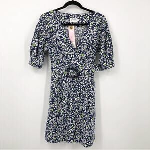Tanya Taylor Coral Blue Navy Floral Confetti Linen Blend Mini Dress NEW Size 2